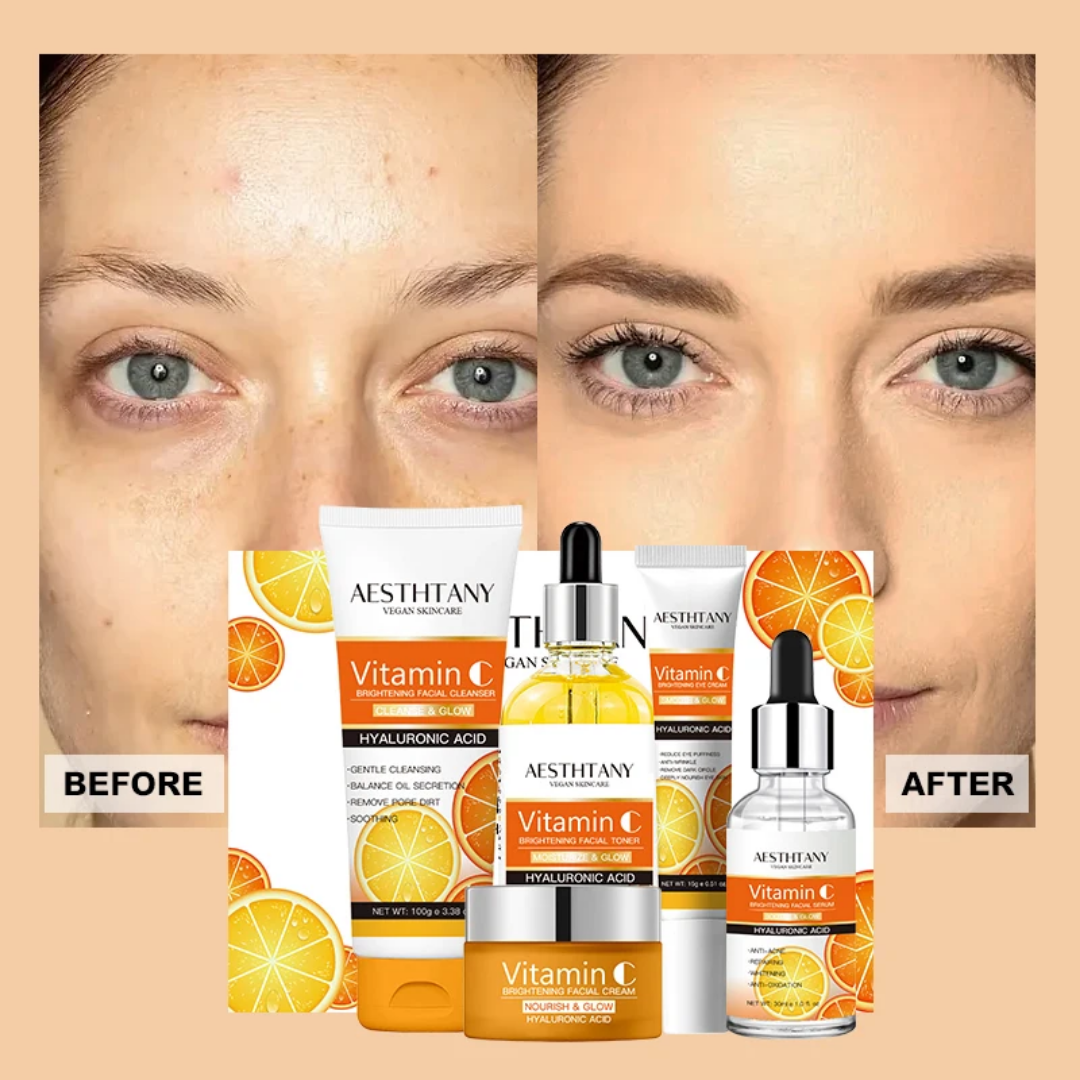 Vitamin C Skincare Set 5pcs – Brightening & Hydrating Kit with Cleanser, Toner, Serum, Cream & Eye Cream