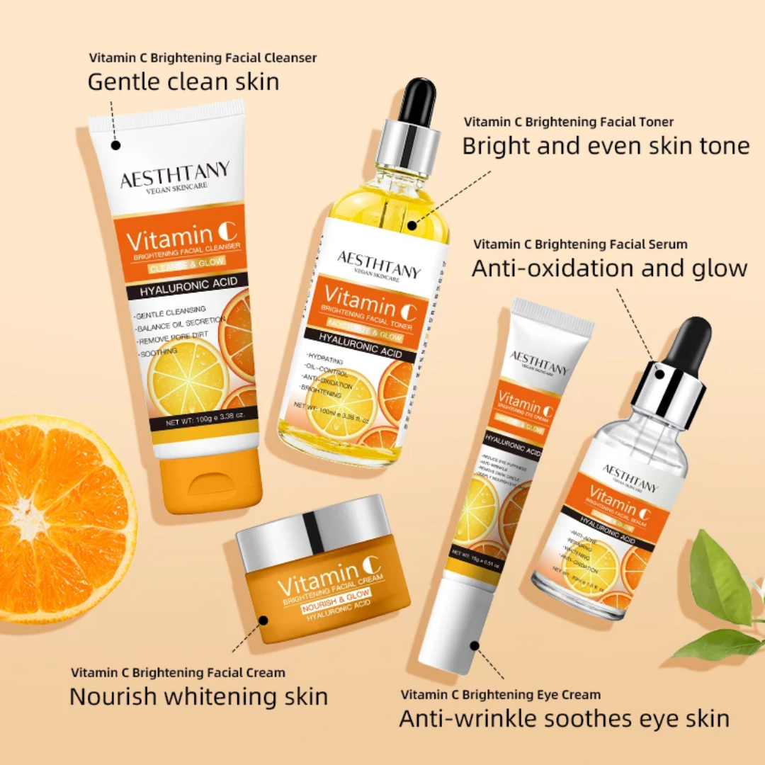 Vitamin C Skincare Set 5pcs – Brightening & Hydrating Kit with Cleanser, Toner, Serum, Cream & Eye Cream