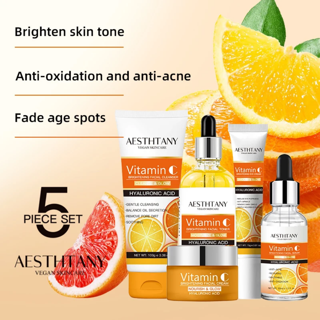 Vitamin C Skincare Set 5pcs – Brightening & Hydrating Kit with Cleanser, Toner, Serum, Cream & Eye Cream