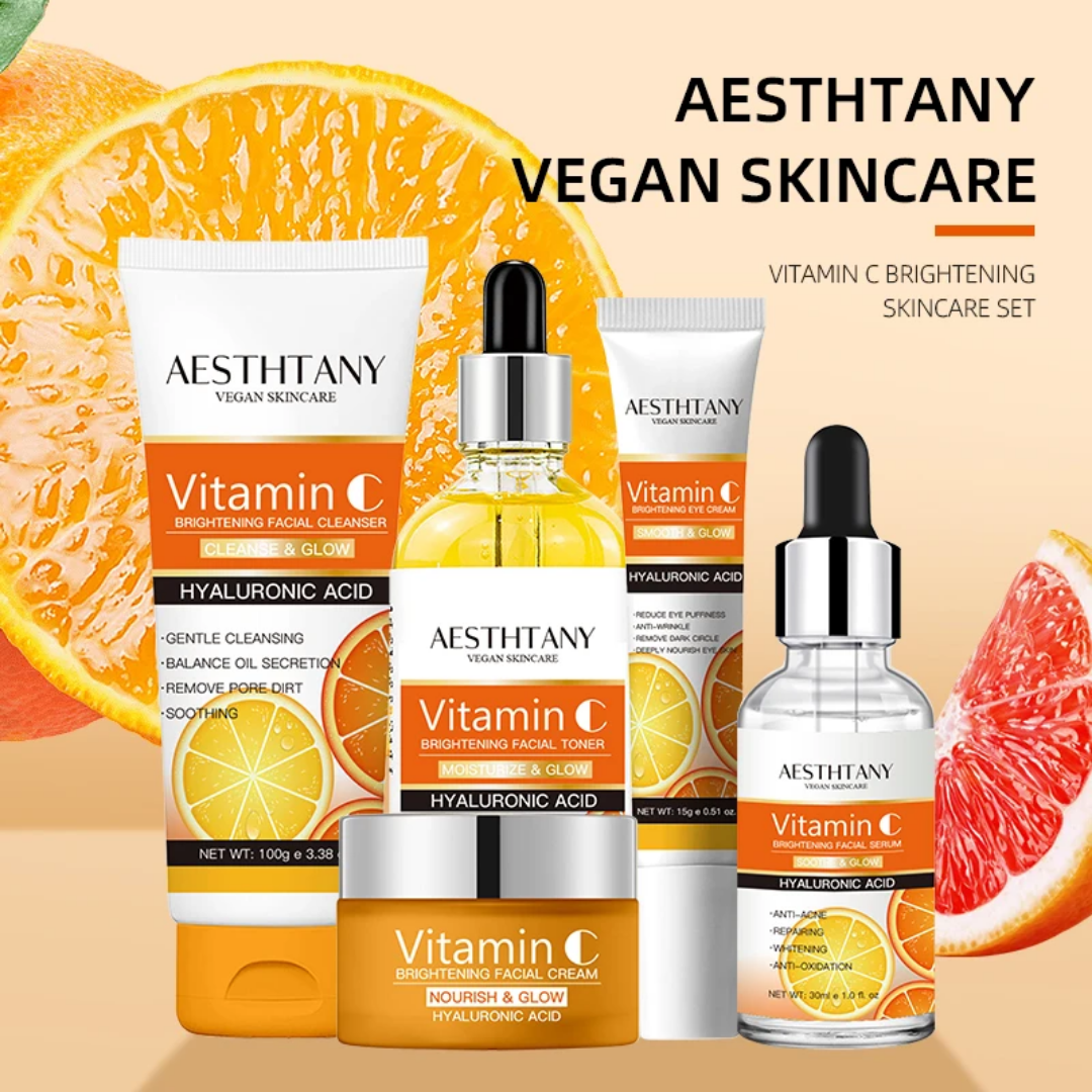 Vitamin C Skincare Set 5pcs – Brightening & Hydrating Kit with Cleanser, Toner, Serum, Cream & Eye Cream