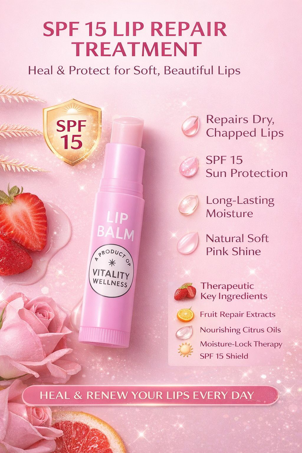 SPF 15 Lip Balm | Repair Dry & Cracked Lips | Deep Moisturizing Lip Care | Healing Lip Treatment for Soft Pink Lips | Vitality Wellness