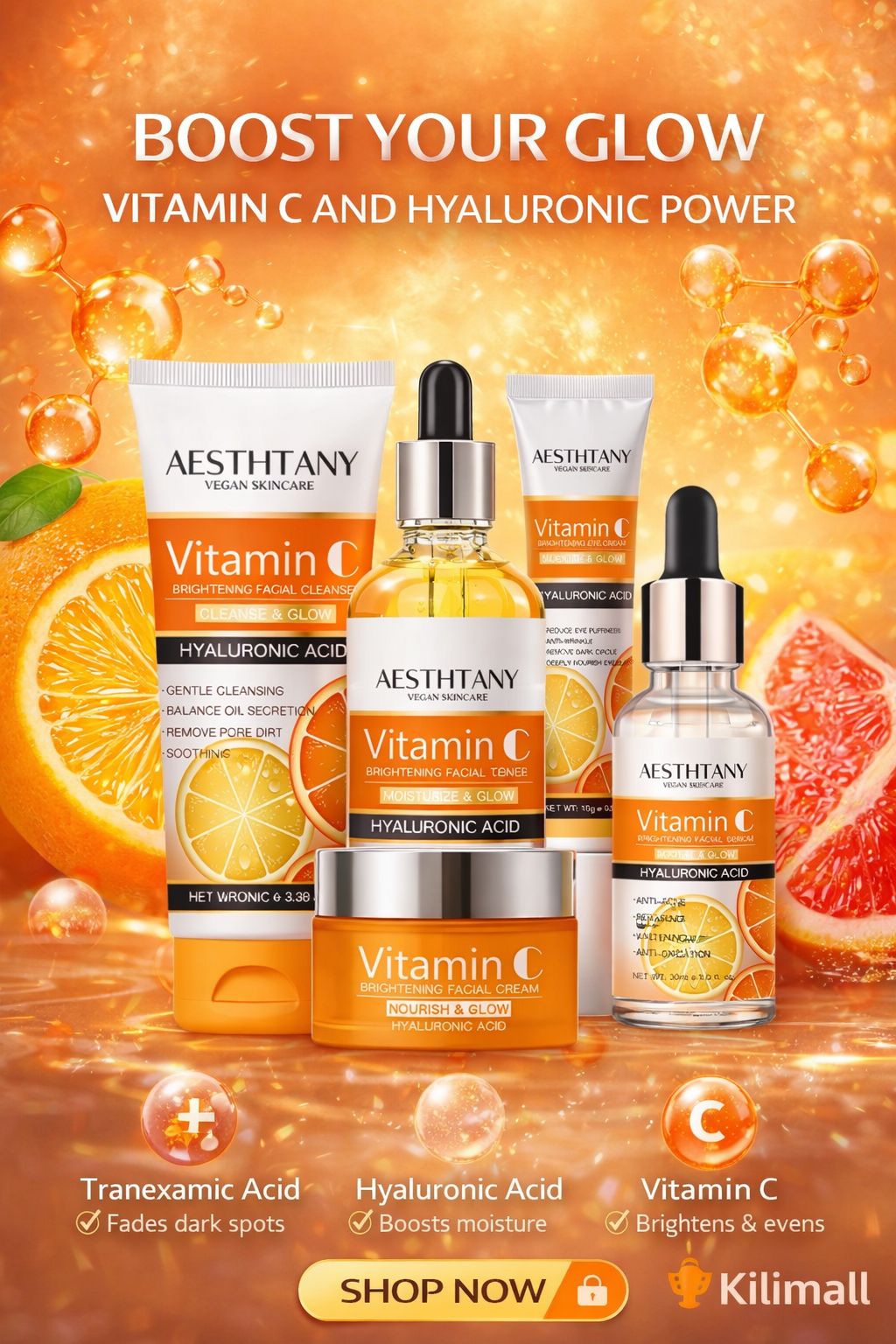 Vitamin C Skincare Set 5pcs – Brightening & Hydrating Kit with Cleanser, Toner, Serum, Cream & Eye Cream