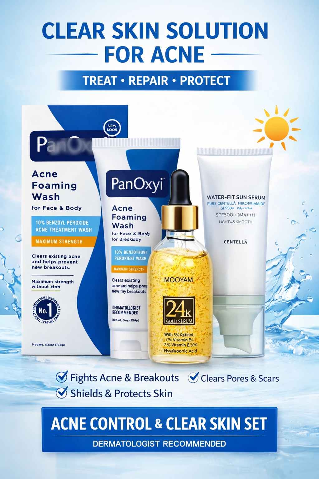 Acne Control & Clear Skin Set | Benzoyl Peroxide Wash + Retinol Serum + SPF 50 Sunscreen | Fights Acne, Clears Pores & Dark Spots