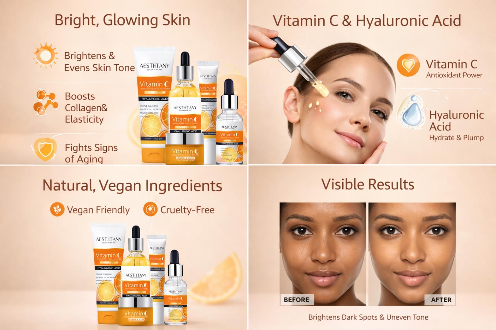 Vitamin C Skincare Set 5pcs – Brightening & Hydrating Kit with Cleanser, Toner, Serum, Cream & Eye Cream