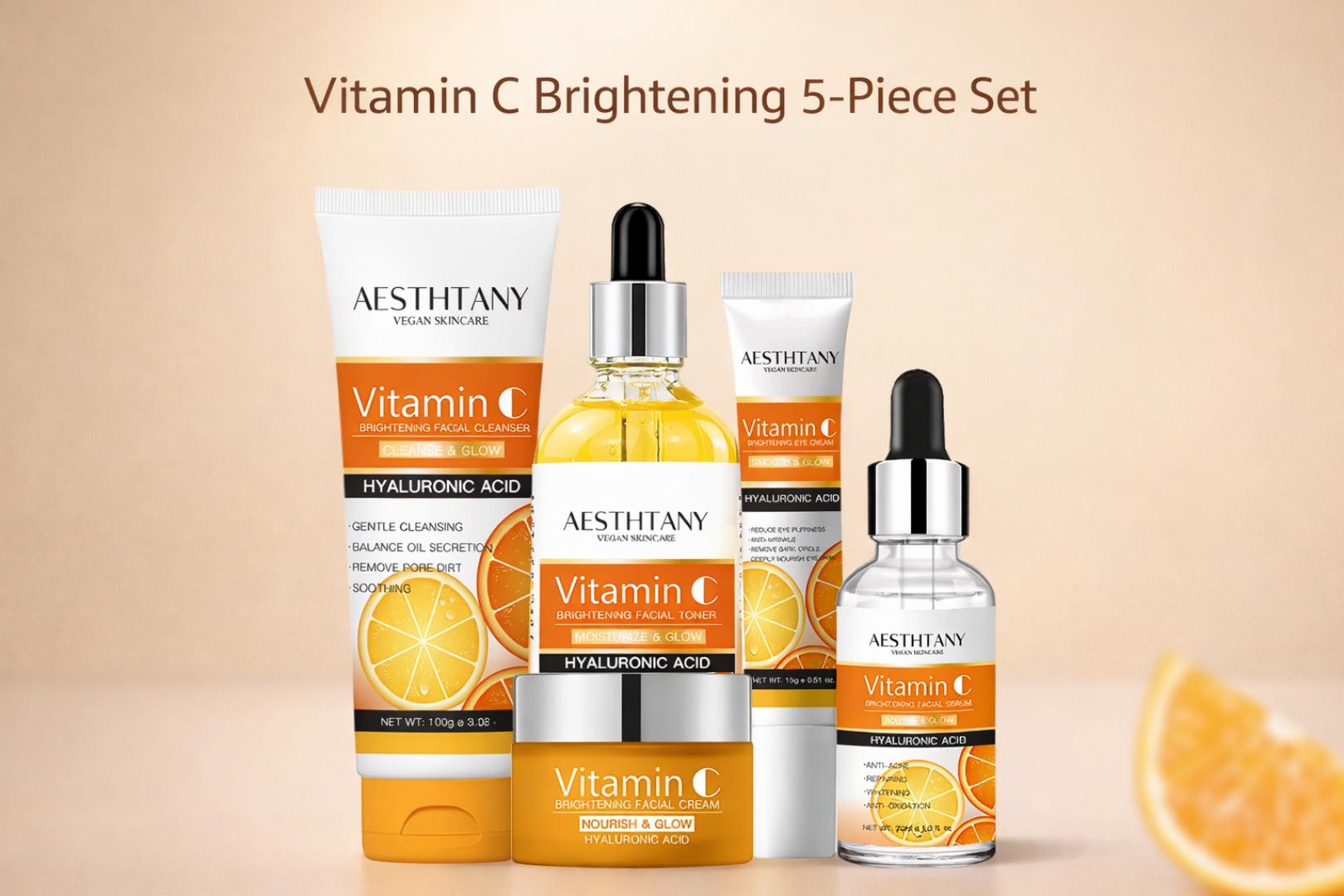 Vitamin C Skincare Set 5pcs – Brightening & Hydrating Kit with Cleanser, Toner, Serum, Cream & Eye Cream