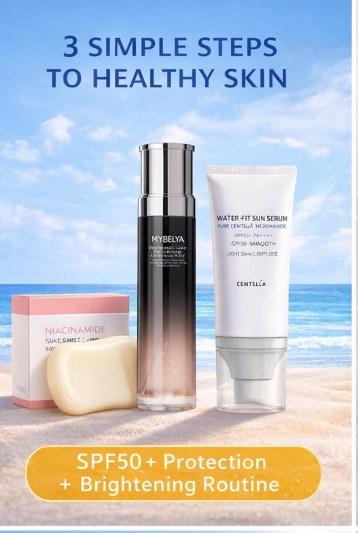 3-Step Skincare Set – Niacinamide Soap, Hydrating Toner & SPF50 Sunscreen | Dark Spot Remover, Even Skin Tone & UV Protection Routine
