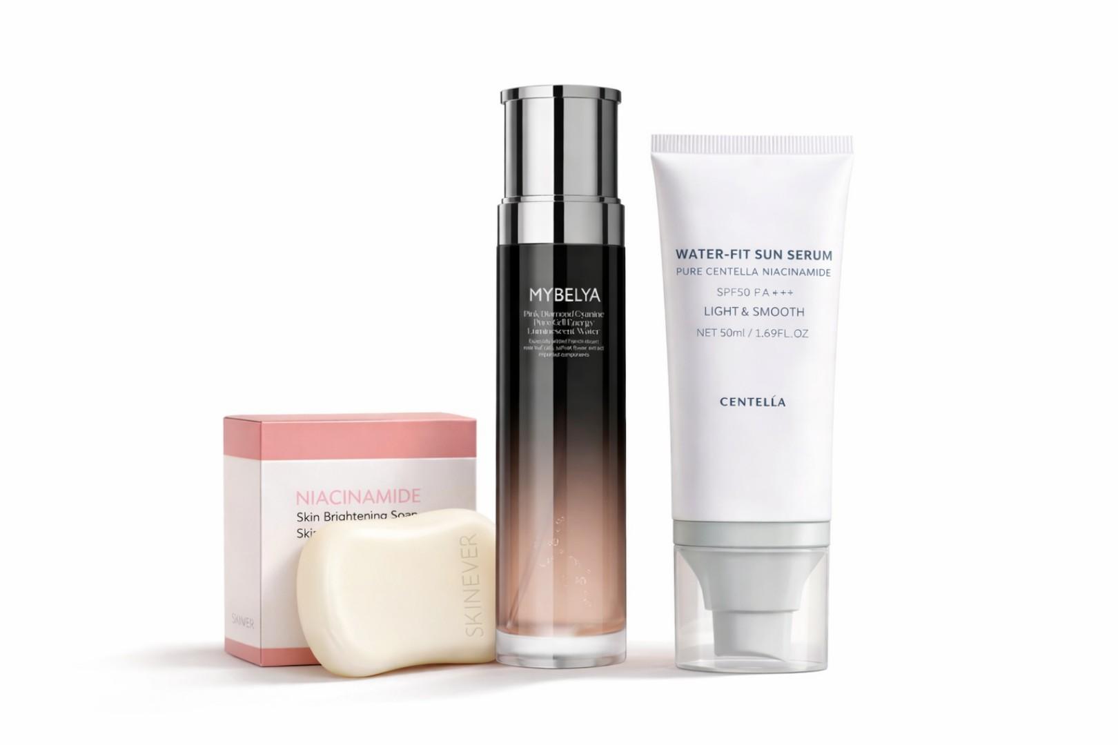 3-Step Skincare Set – Niacinamide Soap, Hydrating Toner & SPF50 Sunscreen | Dark Spot Remover, Even Skin Tone & UV Protection Routine
