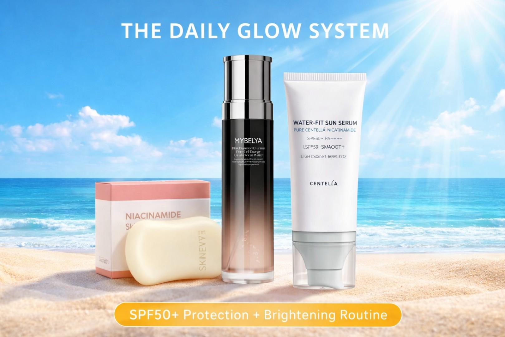 3-Step Skincare Set – Niacinamide Soap, Hydrating Toner & SPF50 Sunscreen | Dark Spot Remover, Even Skin Tone & UV Protection Routine