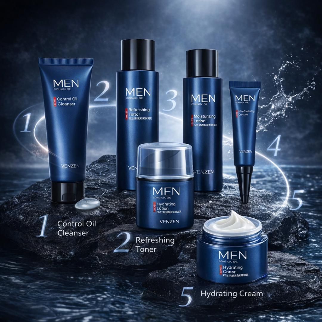 Men Skincare Set Oil Control Face Care Kit Cleanser Toner Cream Serum Moisturizing Grooming Set