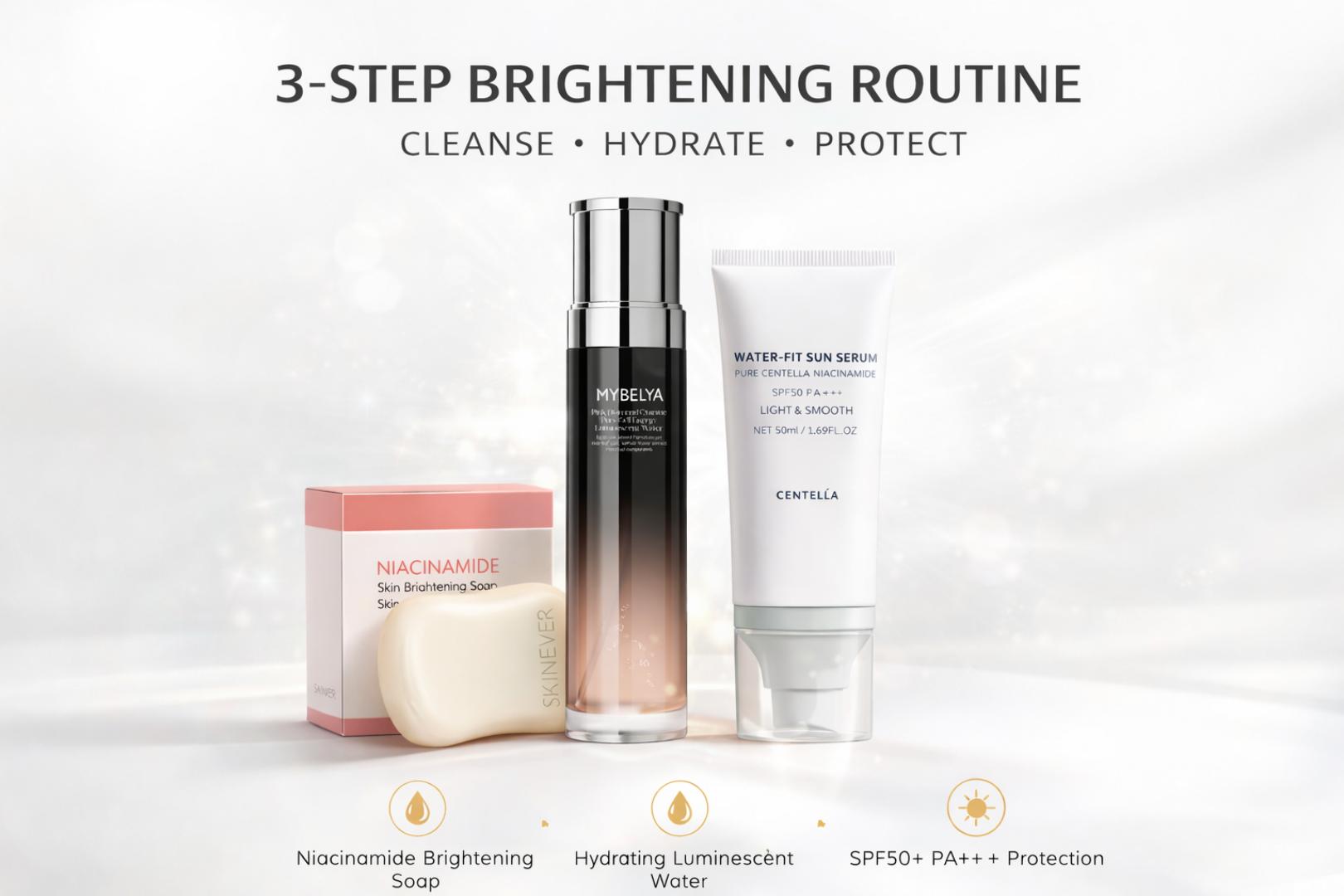 3-Step Skincare Set – Niacinamide Soap, Hydrating Toner & SPF50 Sunscreen | Dark Spot Remover, Even Skin Tone & UV Protection Routine
