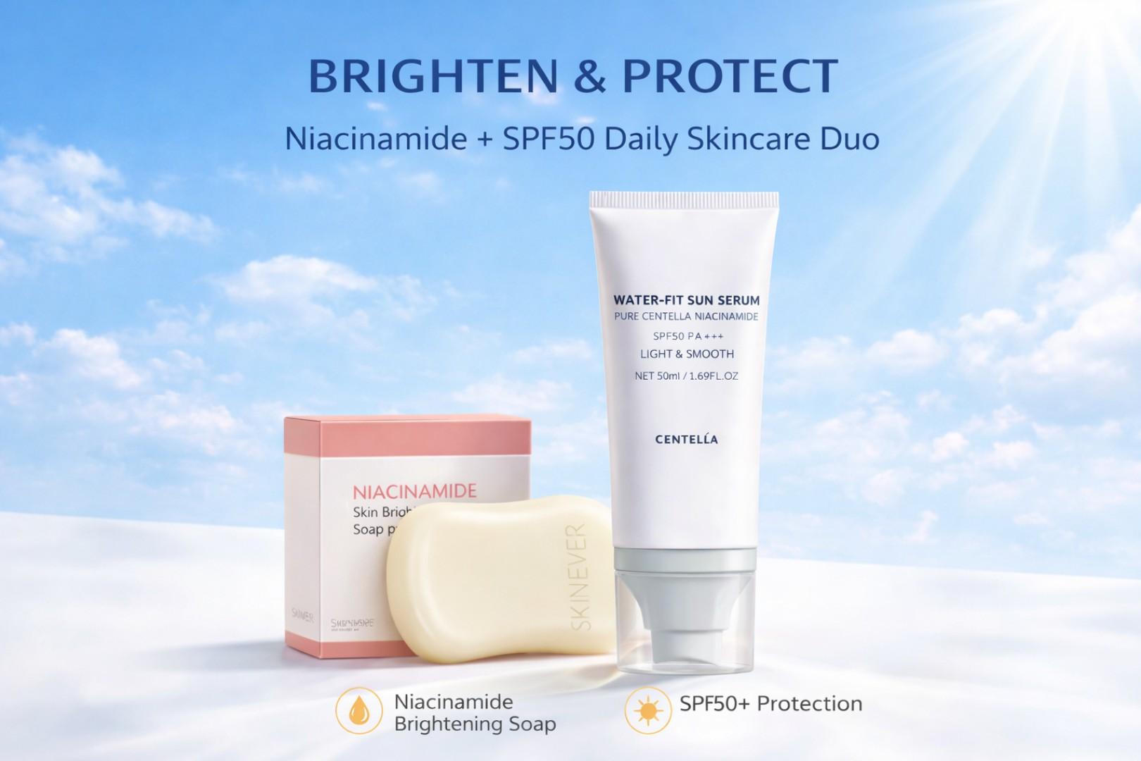 Niacinamide Brightening Soap + SPF50 Sunscreen Set | Dark Spot Corrector & UV Protection Skincare Duo