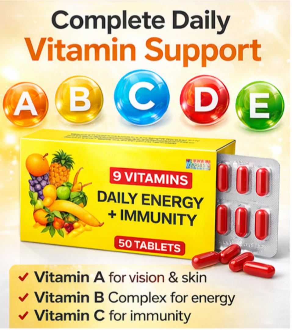 9-in-1 Daily Energy & Immunity Vitamins | Boost Energy, Support Skin & Immunity | Vitamin A B C D E Complex | Anti-Fatigue Supplement | 50 Tablets Value Pack