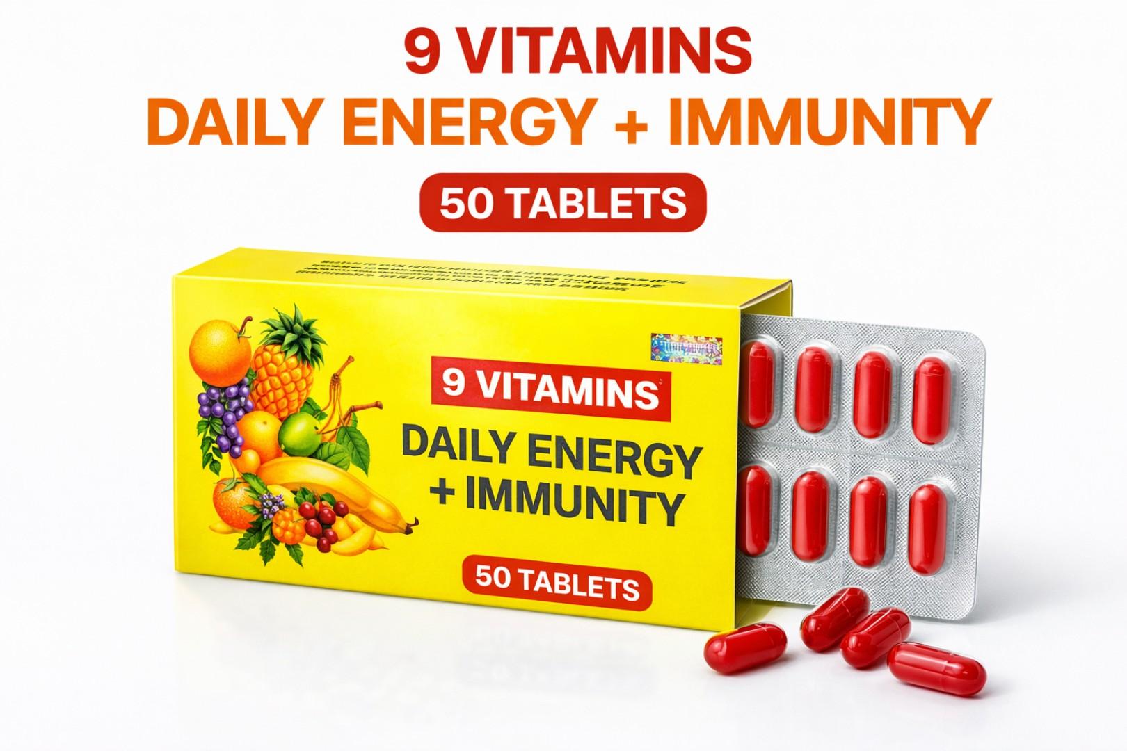 9-in-1 Daily Energy & Immunity Vitamins | Boost Energy, Support Skin & Immunity | Vitamin A B C D E Complex | Anti-Fatigue Supplement | 50 Tablets Value Pack