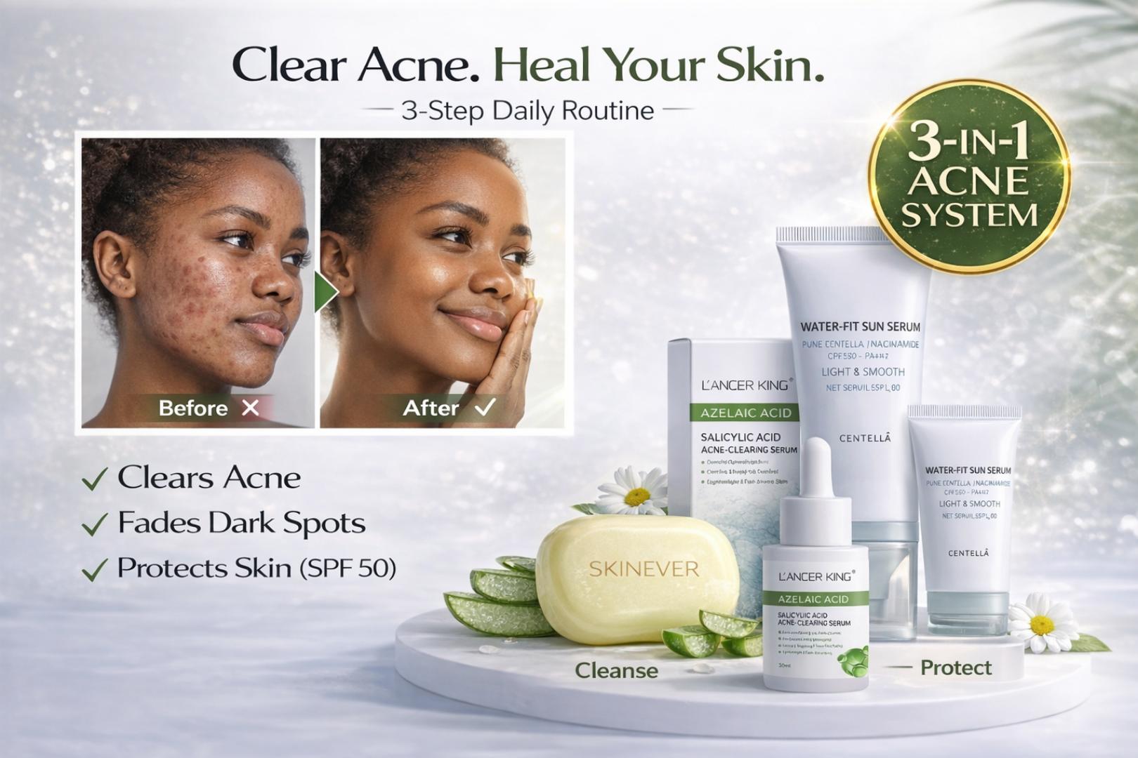 3-in-1 Acne Treatment Kit – Salicylic Soap + Azelaic Serum + SPF50 Sunscreen for Clear Skin