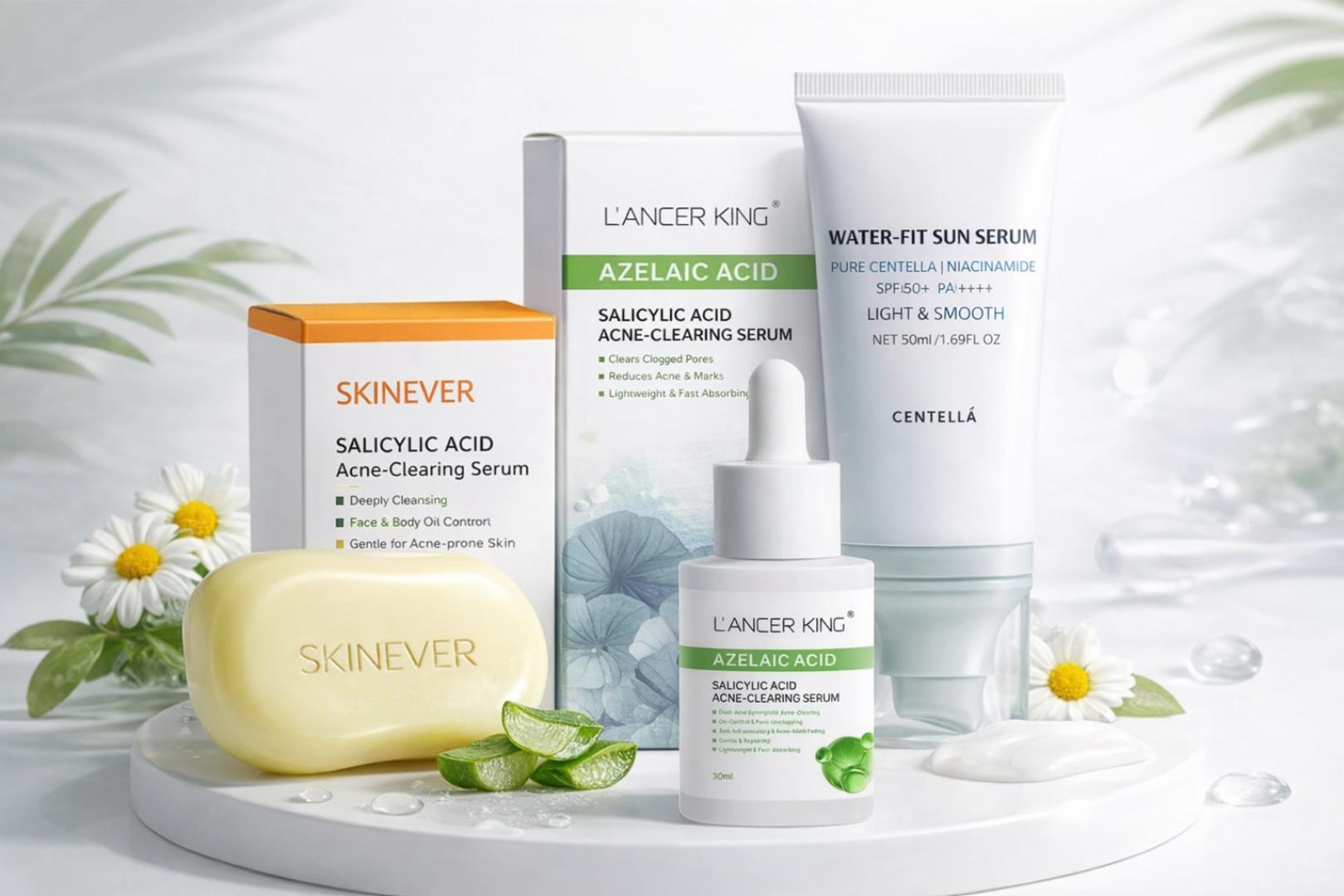 3-in-1 Acne Treatment Kit – Salicylic Soap + Azelaic Serum + SPF50 Sunscreen for Clear Skin