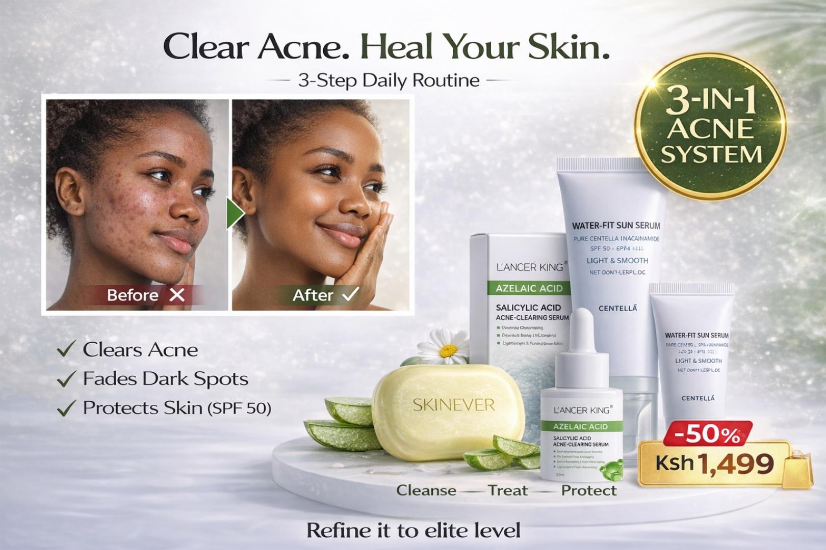 3-in-1 Acne Treatment Kit – Salicylic Soap + Azelaic Serum + SPF50 Sunscreen for Clear Skin