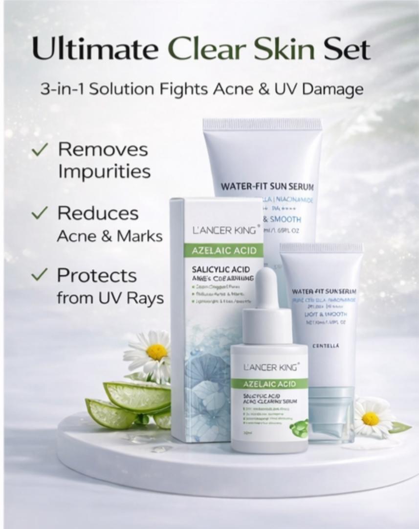 3-in-1 Acne Treatment Kit – Salicylic Soap + Azelaic Serum + SPF50 Sunscreen for Clear Skin