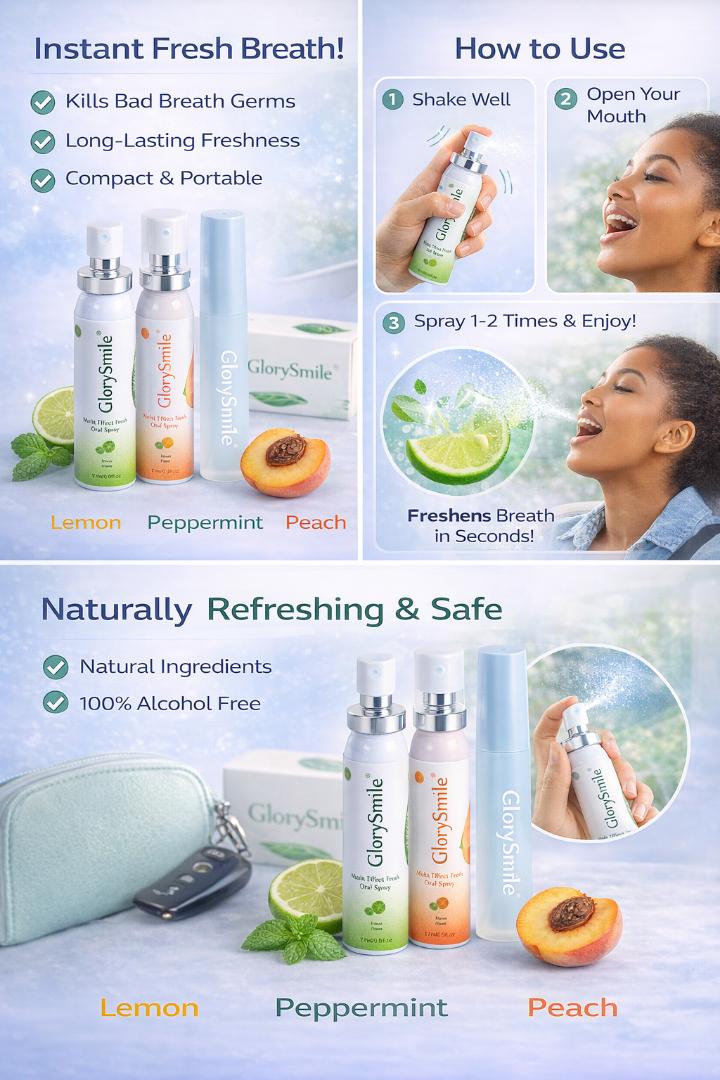 Fresh Breath Oral Spray – Long Lasting Mouth Freshener | Lemon, Mint & Peach | Pocket Size Bad Breath Solution