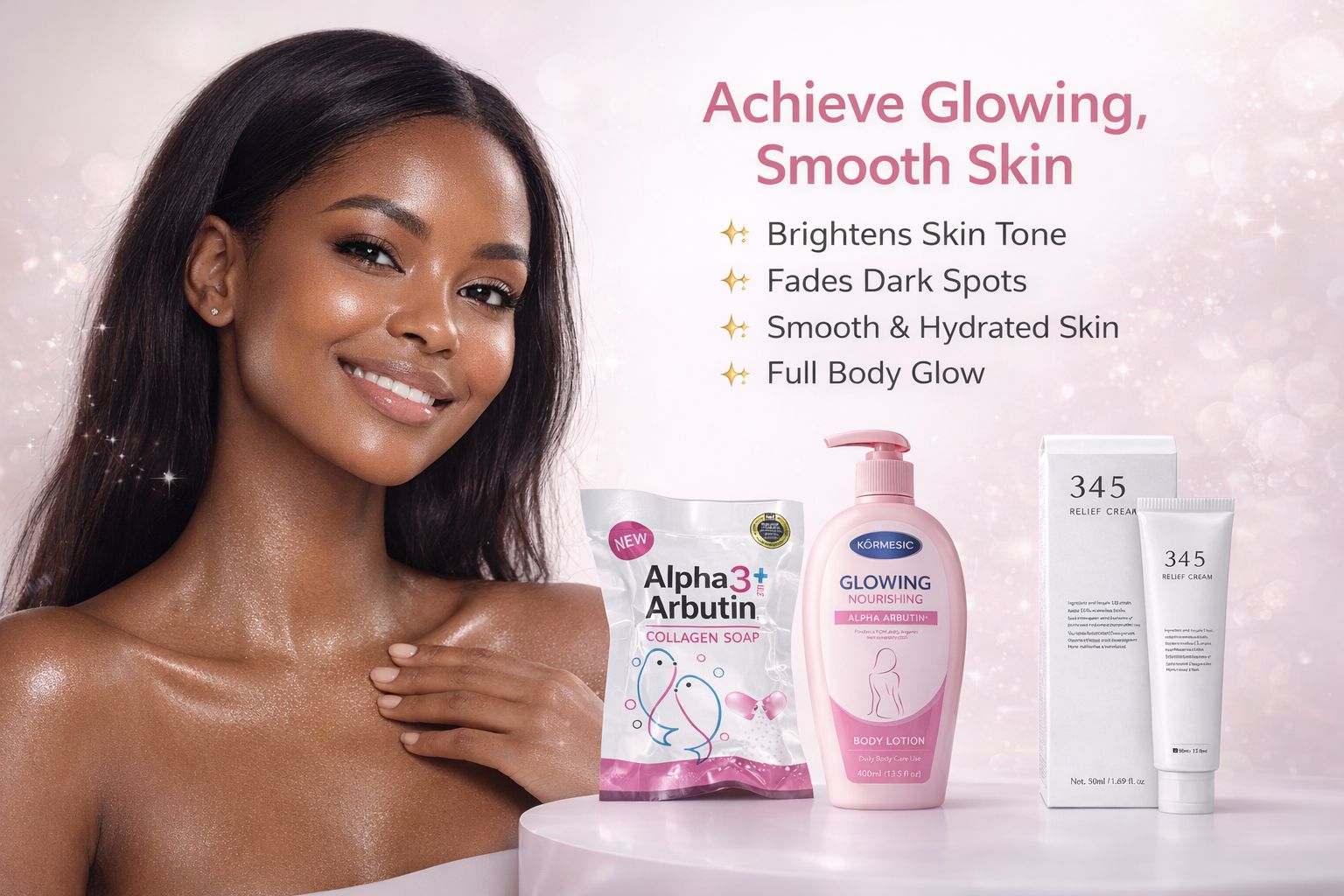 Vitallity Skin Brightening Kit – Alpha Arbutin Soap + Glow Body Lotion + 345 Repair Cream | Dark Spots Remover | Even Skin Tone | Hydrating Skincare Set Kenya