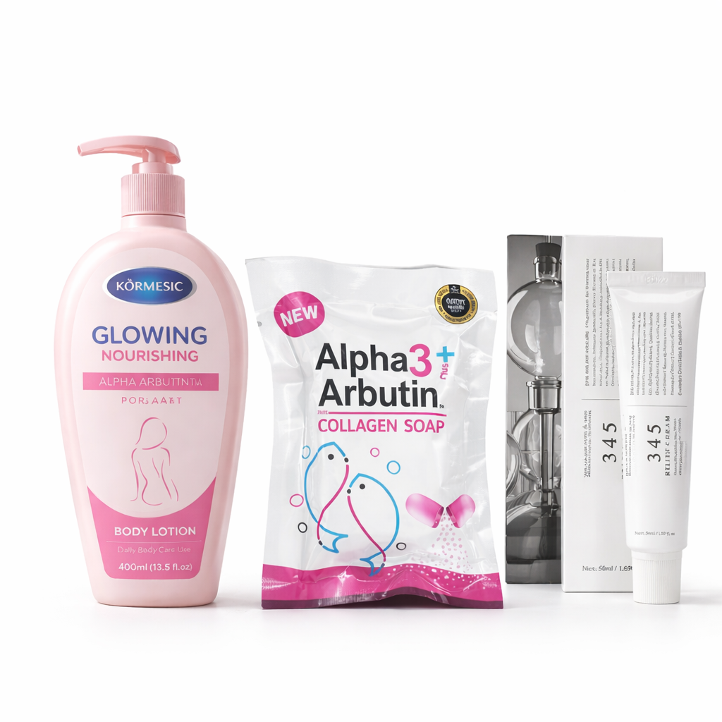 Vitallity Skin Brightening Kit – Alpha Arbutin Soap + Glow Body Lotion + 345 Repair Cream | Dark Spots Remover | Even Skin Tone | Hydrating Skincare Set Kenya