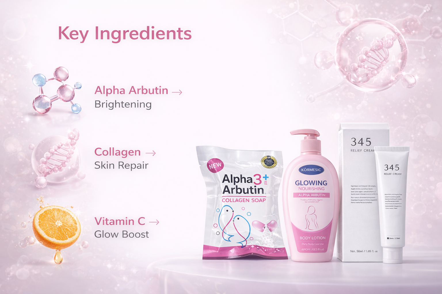 Vitallity Skin Brightening Kit – Alpha Arbutin Soap + Glow Body Lotion + 345 Repair Cream | Dark Spots Remover | Even Skin Tone | Hydrating Skincare Set Kenya
