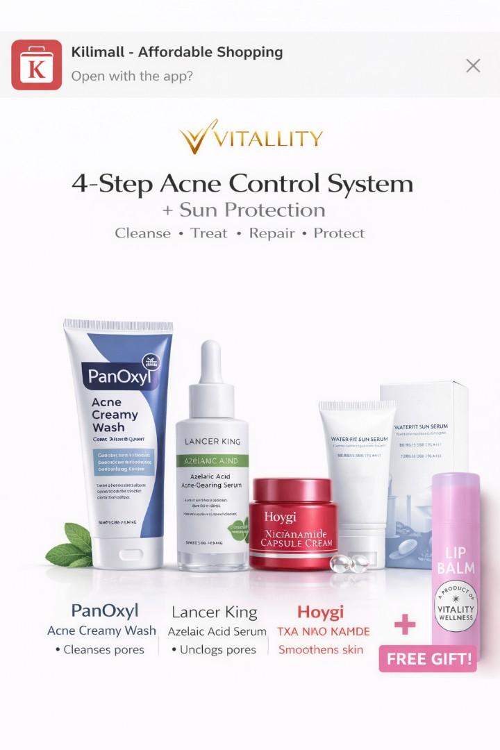 Vitallity Acne Control Set 4 Step – Face Wash, Acne Serum, Niacinamide Cream & SPF50 Sunscreen – Removes Pimples, Dark Spots & Oily Skin