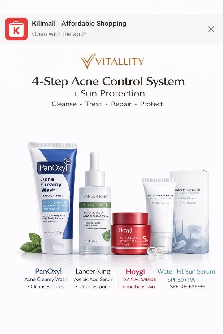 Vitallity Acne Control Set 4 Step – Face Wash, Acne Serum, Niacinamide Cream & SPF50 Sunscreen – Removes Pimples, Dark Spots & Oily Skin