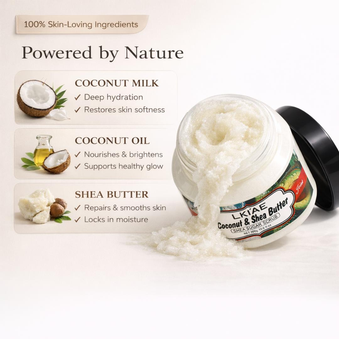 Vitallity Glow Polish Coconut & Shea Exfoliating Scrub – Deep Moisturizing Body & Face Sugar Scrub for Smooth, Radiant Skin (300g)