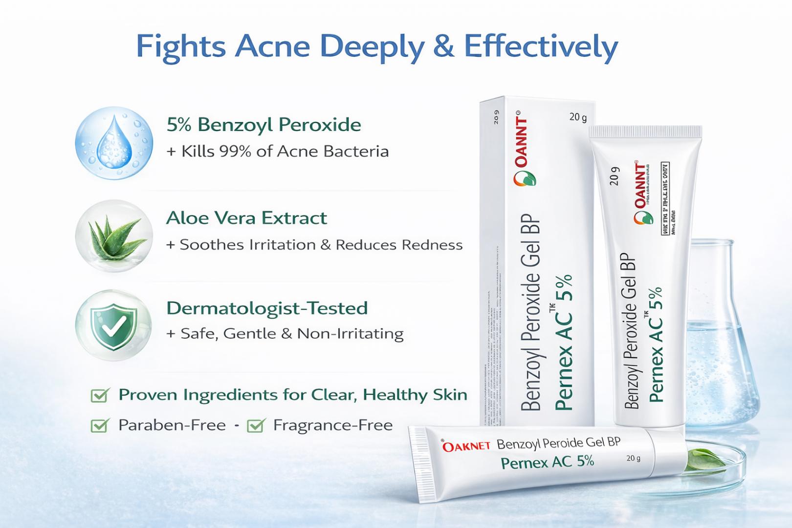 Pernex AC 5% Benzoyl Peroxide Gel 20g – Acne Treatment, Pimple Remover, Spot Treatment for Breakouts & Oily Skin