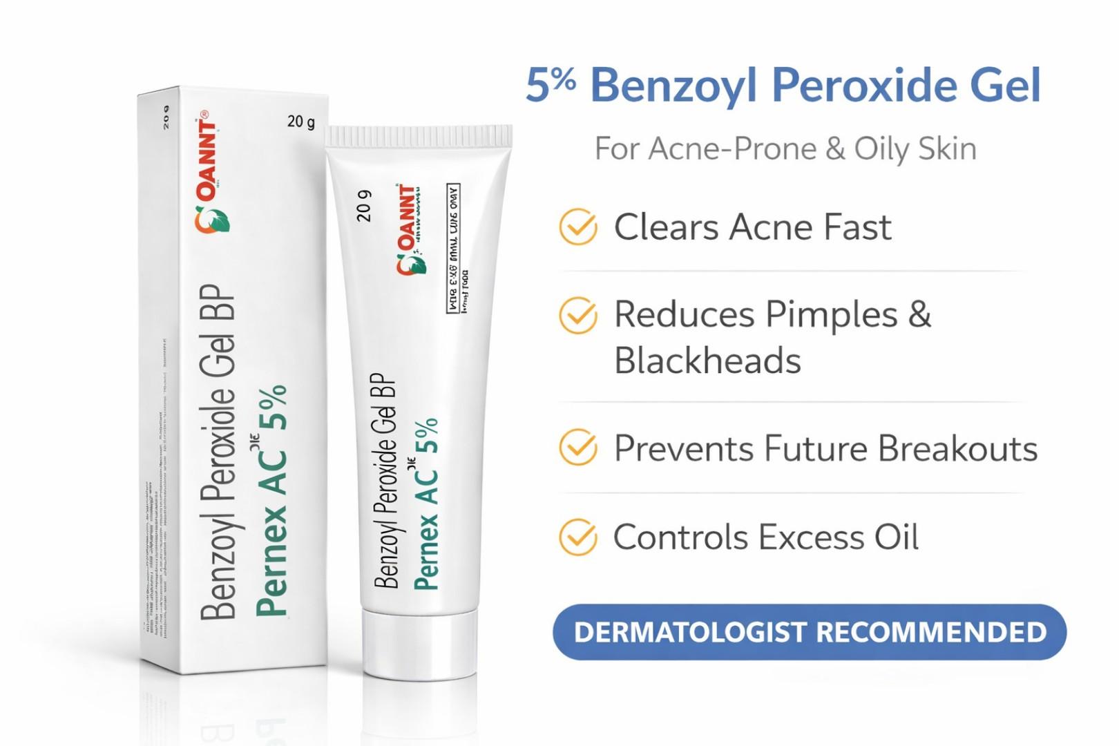 Pernex AC 5% Benzoyl Peroxide Gel 20g – Acne Treatment, Pimple Remover, Spot Treatment for Breakouts & Oily Skin