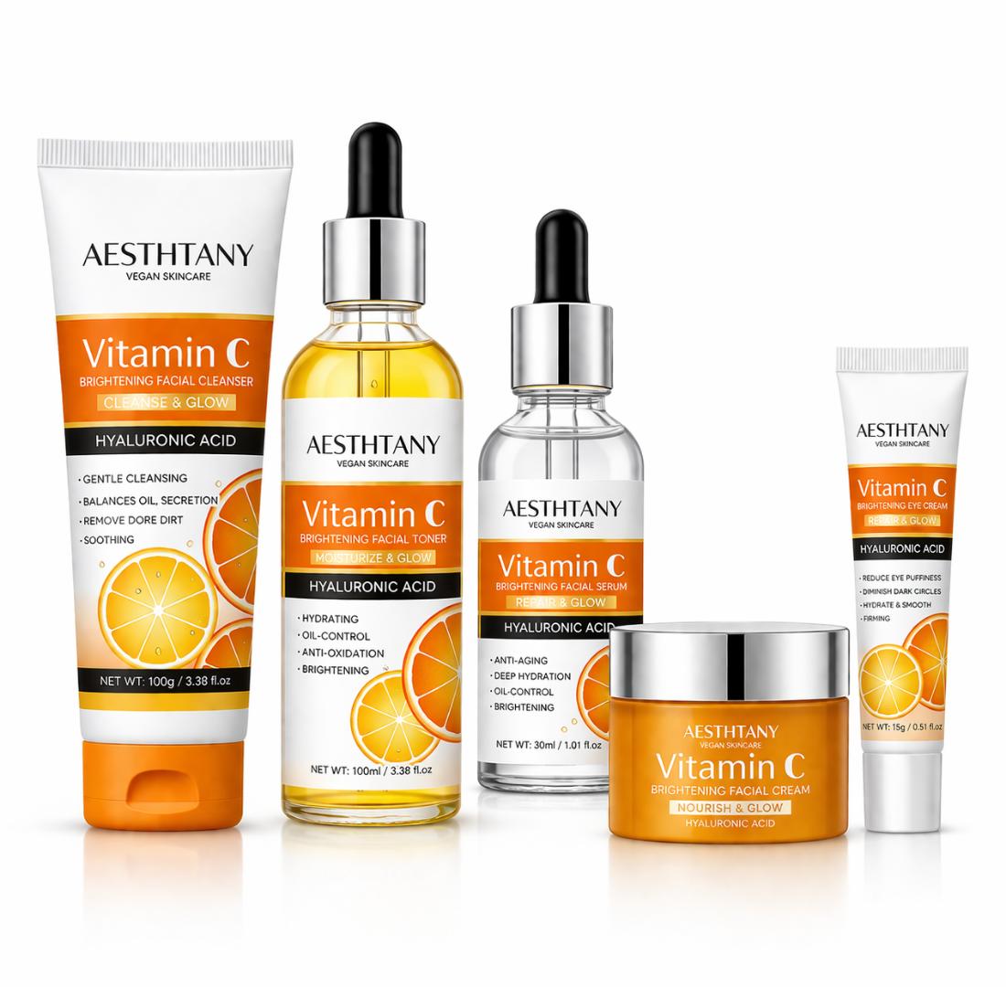 Vitamin C Skincare Set 5pcs – Brightening & Hydrating Kit with Cleanser, Toner, Serum, Cream & Eye Cream