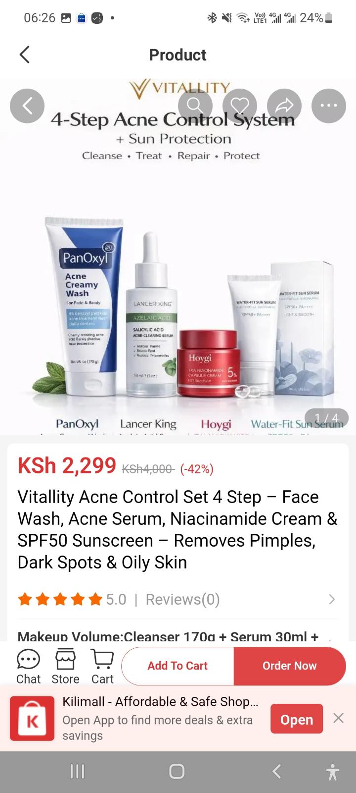 Vitallity Acne Control Set 4 Step – Face Wash, Acne Serum, Niacinamide Cream & SPF50 Sunscreen – Removes Pimples, Dark Spots & Oily Skin