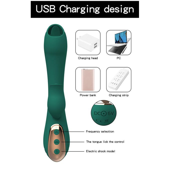 Multiple Frequency USB Double Tongue Lick Vibrator Adult Sex Toy