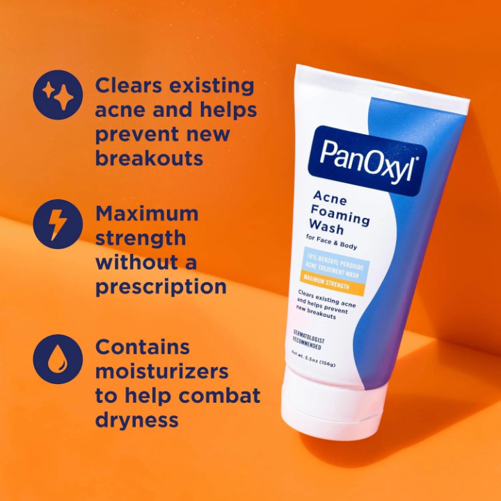 PanOxyl Acne Foaming Wash Benzoyl Peroxide Maximum Strength – Face & Body Acne Treatment Cleanser, 5.5oz