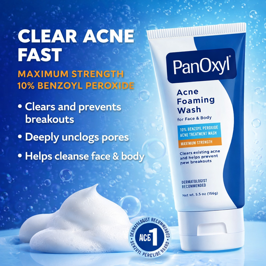 PanOxyl Acne Foaming Wash Benzoyl Peroxide Maximum Strength – Face & Body Acne Treatment Cleanser, 5.5oz