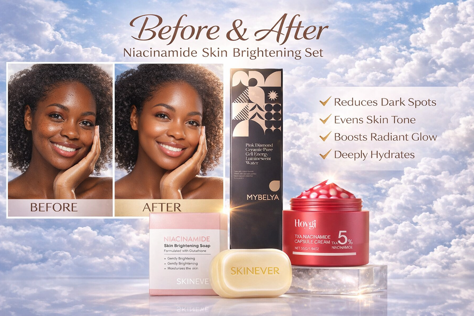 Dark Spot Correcting Skincare Set – Niacinamide Soap, 5% TXA Cream & Pink Diamond Glow Toner