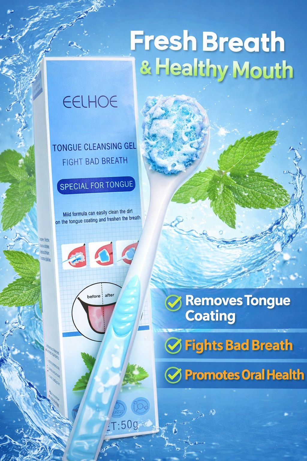 EELHOE Tongue Cleansing Gel 50g | tongue cleaner + double sided brush– Fresh Breath Oral Care Gel, Removes Tongue Coating & Fights Bad Breath| with a tooth gel