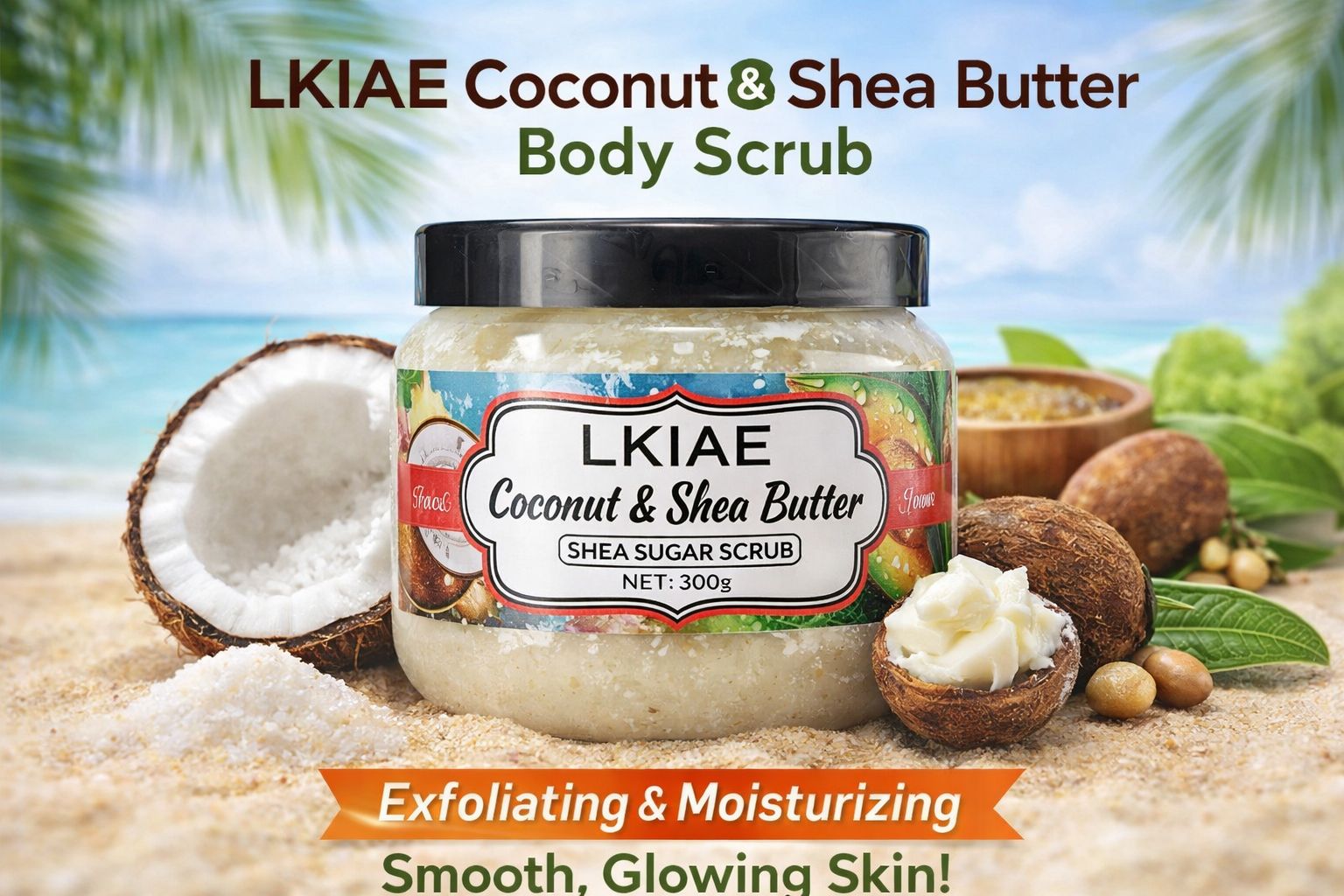 LKIAE Coconut & Shea Butter Body Scrub – Exfoliating Moisturizing Skin Polish with Natural Oils for Smooth, Glowing Skin (300g)