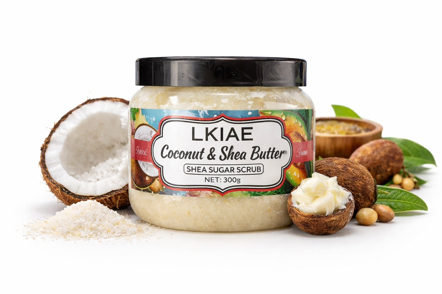 LKIAE Coconut & Shea Butter Body Scrub – Exfoliating Moisturizing Skin Polish with Natural Oils for Smooth, Glowing Skin (300g)