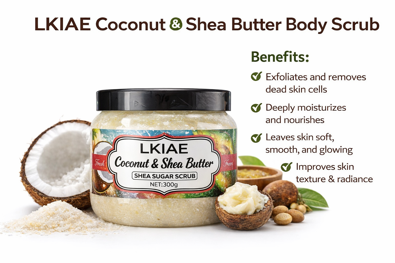 LKIAE Coconut & Shea Butter Body Scrub – Exfoliating Moisturizing Skin Polish with Natural Oils for Smooth, Glowing Skin (300g)
