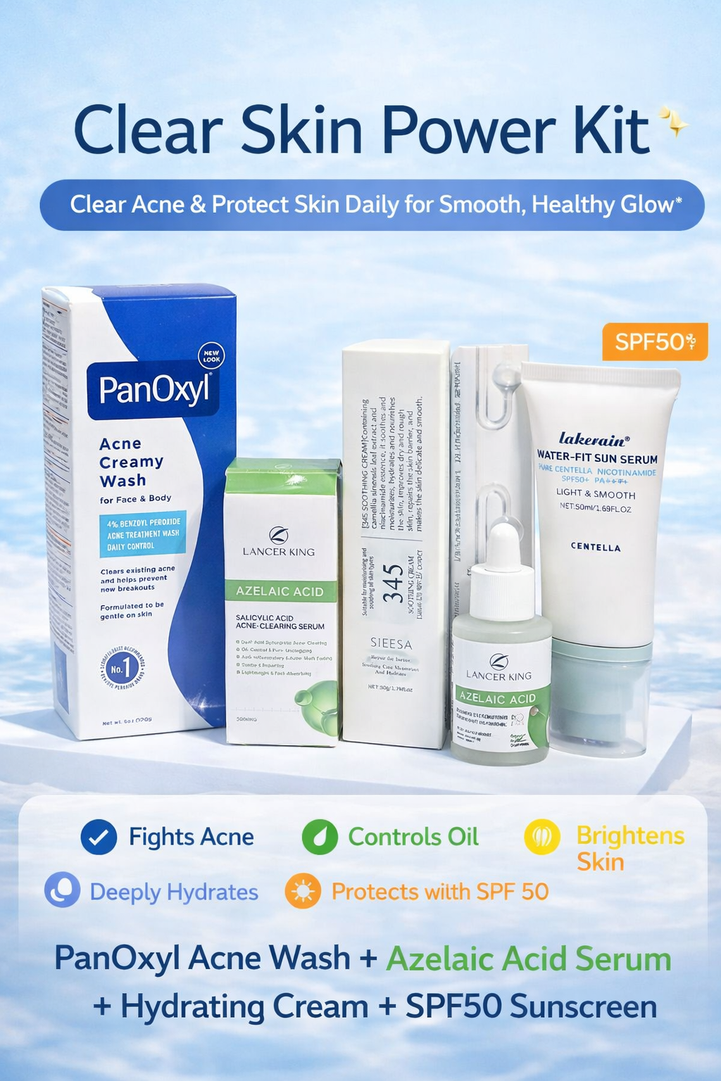 Acne Clear Skin Power Kit ✨ PanOxyl Acne Wash + Azelaic Acid Serum + Hydrating Cream + SPF50 Sunscreen | Complete Daily Routine for Acne-Free, Smooth & Glowing Skin