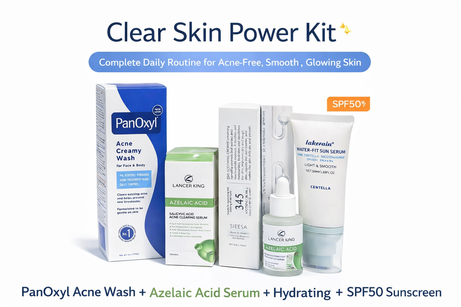 Acne Clear Skin Power Kit ✨ PanOxyl Acne Wash + Azelaic Acid Serum + Hydrating Cream + SPF50 Sunscreen | Complete Daily Routine for Acne-Free, Smooth & Glowing Skin