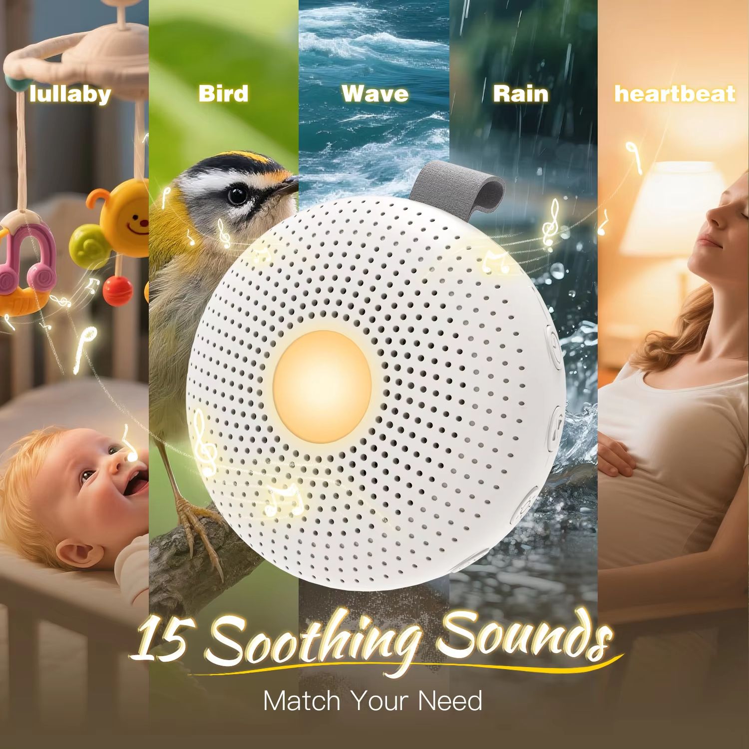 Portable Sleep Aid White Noise Machine for Baby & Adult with 15 Sounds Smart Cry Detection Night Light Timer Newborn Gift