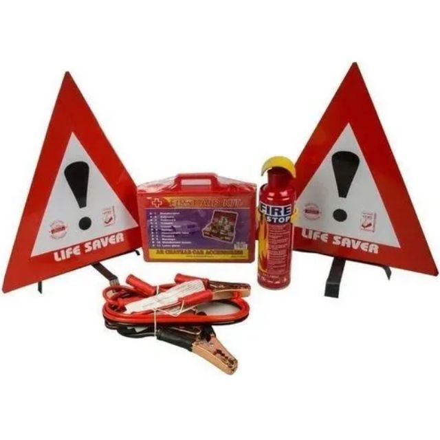 Car Safety Kit 4 in 1 - Life Saver Warning Triangles, Fire Extinguisher , First Aid Kit & Jumper Cables