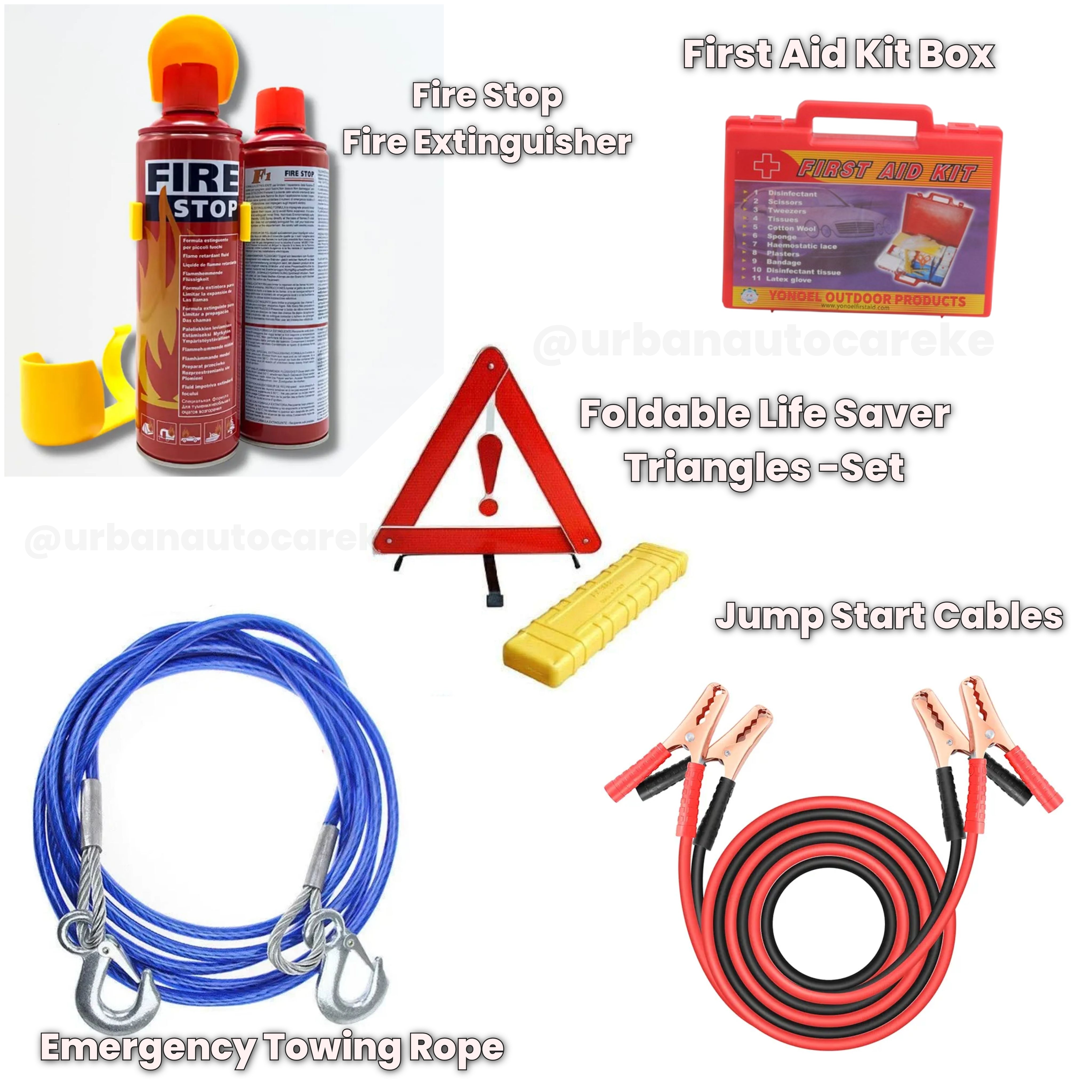 Car Safety Kit 5-in-1:Emergency Car Safety Kit - Foldable 2 Life Savers, Fire extinguisher, First Aid Kit,Towing Rope & Jumper cables
