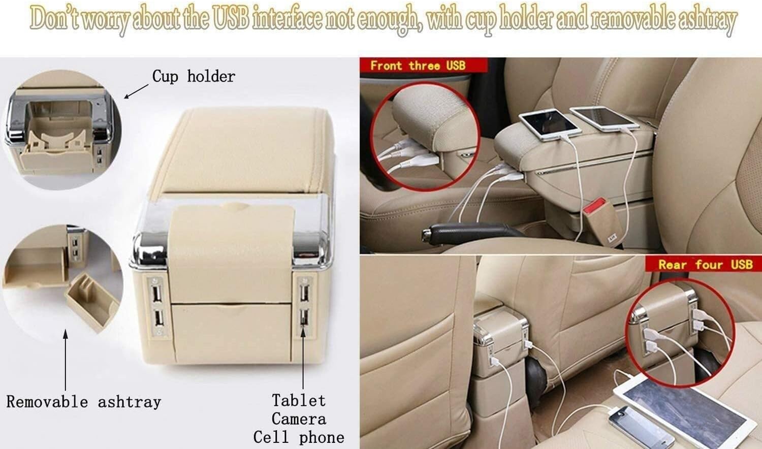 Double Layer Car Arm Rest Center Console With 7 USB Ports Armrest Box (Color : Beige)
