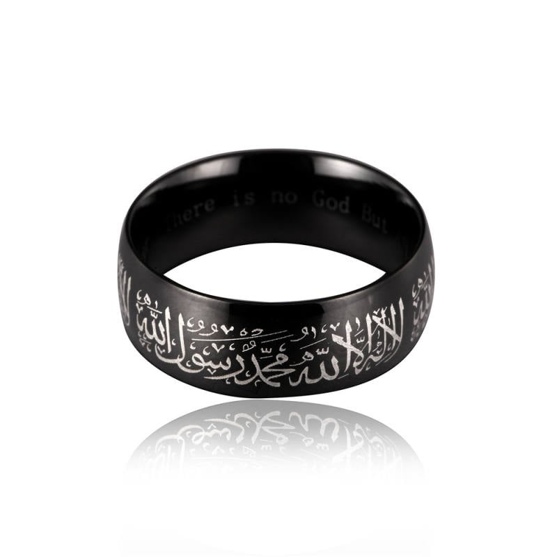 Titanium Steel Muslim Ring Golden Black Islamic 8mm Stainless Steel Mantra Ring Silver 13
