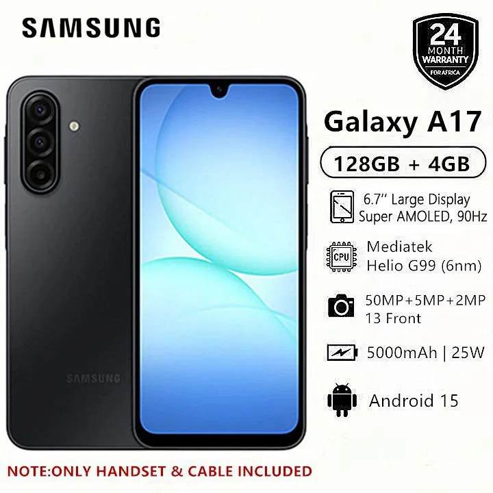 [Brand New!!!] SAMSUNG Galaxy A17 128GB ROM Storage + 4GB RAM 6.7" Super AMOLED Display 50MP Triple Camera Android 15 MediaTek Helio G99 5000mAh 25W Type-C Charge AI Smart Phones