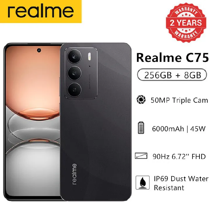 New Arrival Realme C75 256GB ROM Storage + 8GB RAM IP69 Dust Water Resistant 6.72'' 90Hz 6000mAh 45W 50MP Camera MediaTek Helio G92 Max (12 nm) Android 14 Type-C Dual Sim Side Fingerprint Unlock phone