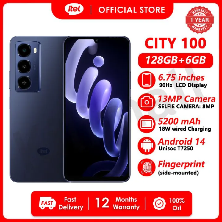 [SUPER DEALS!!!] ITEL CITY 100 6GB RAM + 128GB ROM Storage 6.75" 90Hz Display Slim Phone Dual SIM 4G Network 13MP Camera 18W Charging 5200mAh Battery Android 14 Fingerprint Unlock